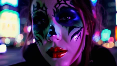 woman with colorful makeup in city at night