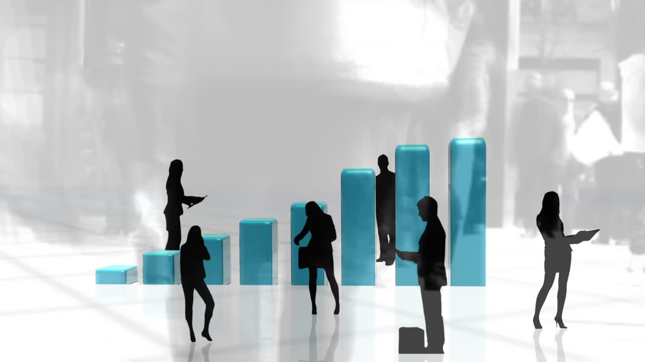 Business people standing against illustration of bar graphs