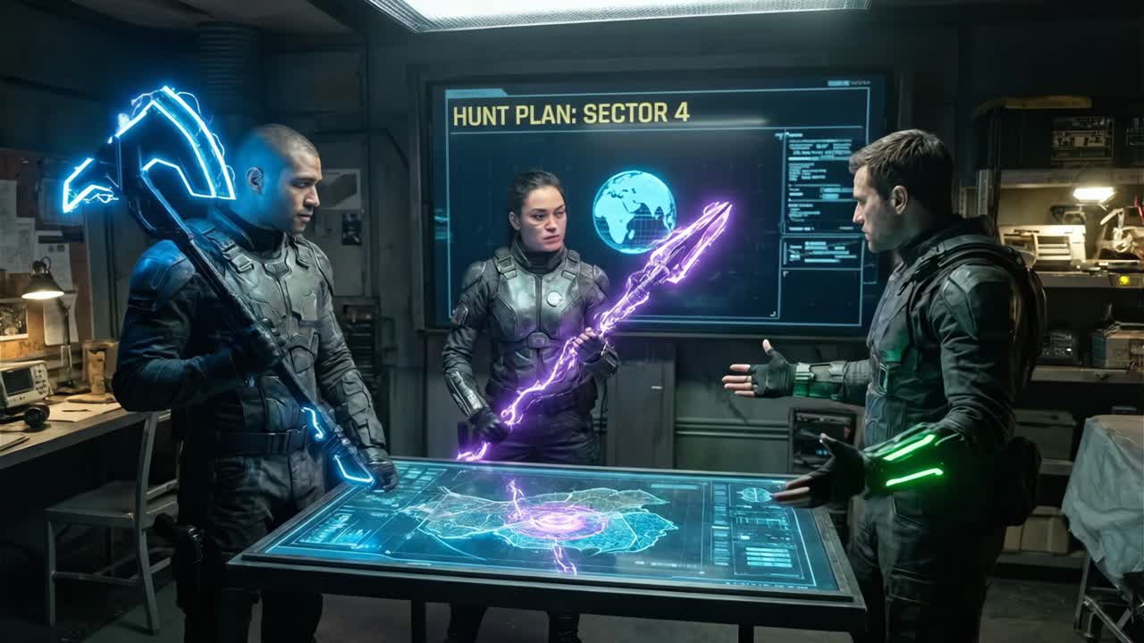 Three Futuristic Soldiers Plan Mission with Holographic Map and Glowing Weapons