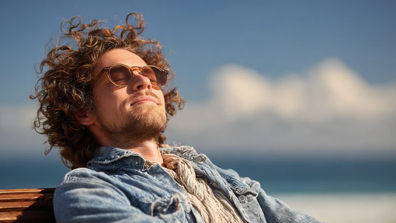 A Relaxing Moment in Nature: A Man Enjoys the Warmth of the Sun, Embracing Serenity with His Eyes Closed, Surrounded by a Breathtaking Landscape of Clouds and Blue Sky
