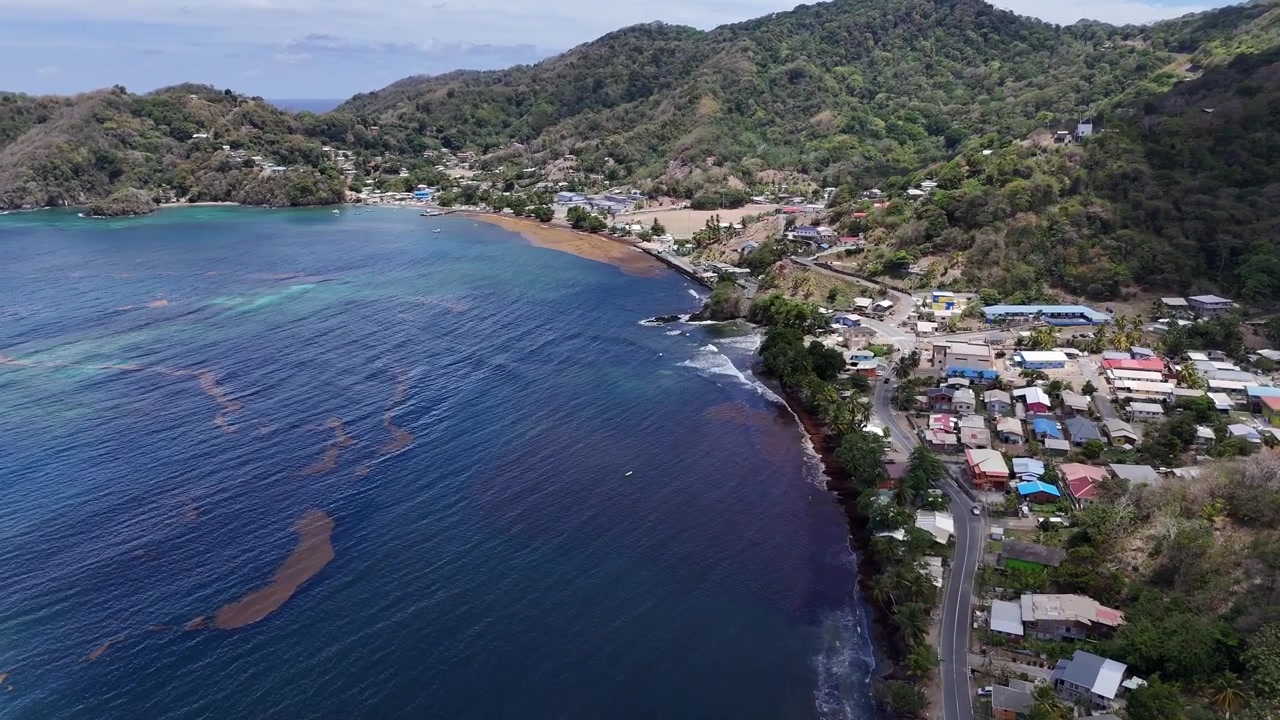 Pemandangan udara luas teluk berbentuk bulan sabit dan pegunungan tropis di Speyside, Pulau Tobago. Pemandangan pesisir yang indah menunjukkan Laut Karibia biru kehijauan dan hutan lebat di Trinidad dan Tobago