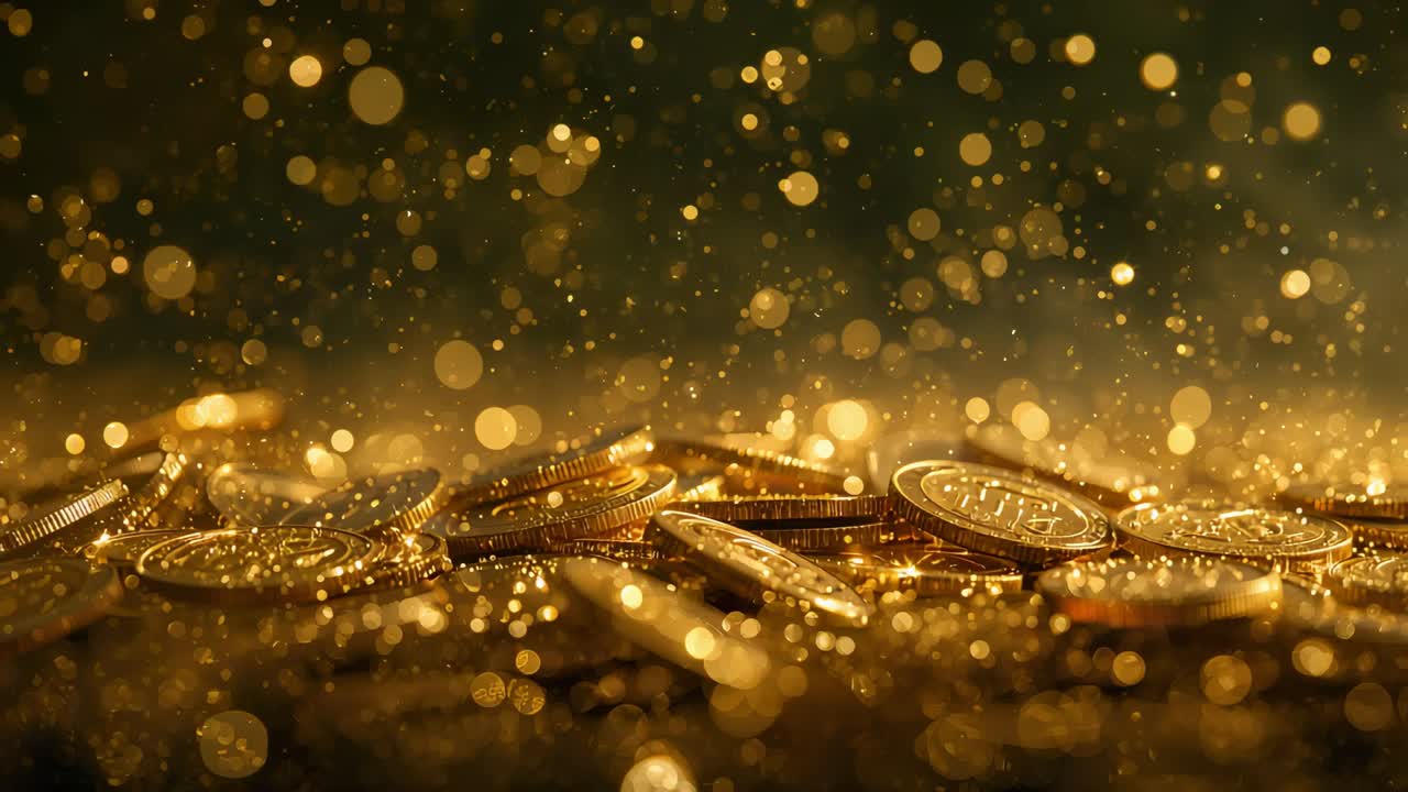Monete d'oro luccicanti catturano la luce su un tavolo riflettente, con luci puntiformi che creano un effetto bokeh per un bagliore di lusso.