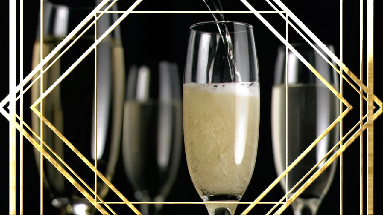 Animazione di motivo dorato su calici di champagne su sfondo nero