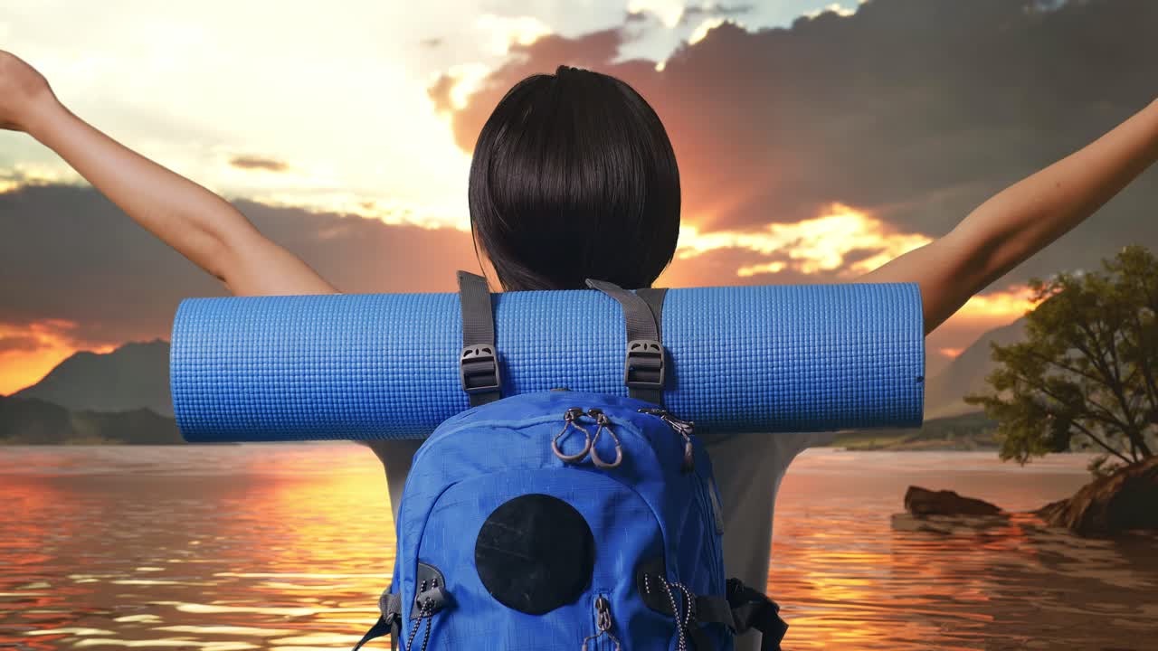 vista posterior cercana de una excursionista femenina con mochila de montañismo extendiendo los brazos y mirando la vista alrededor en un lago