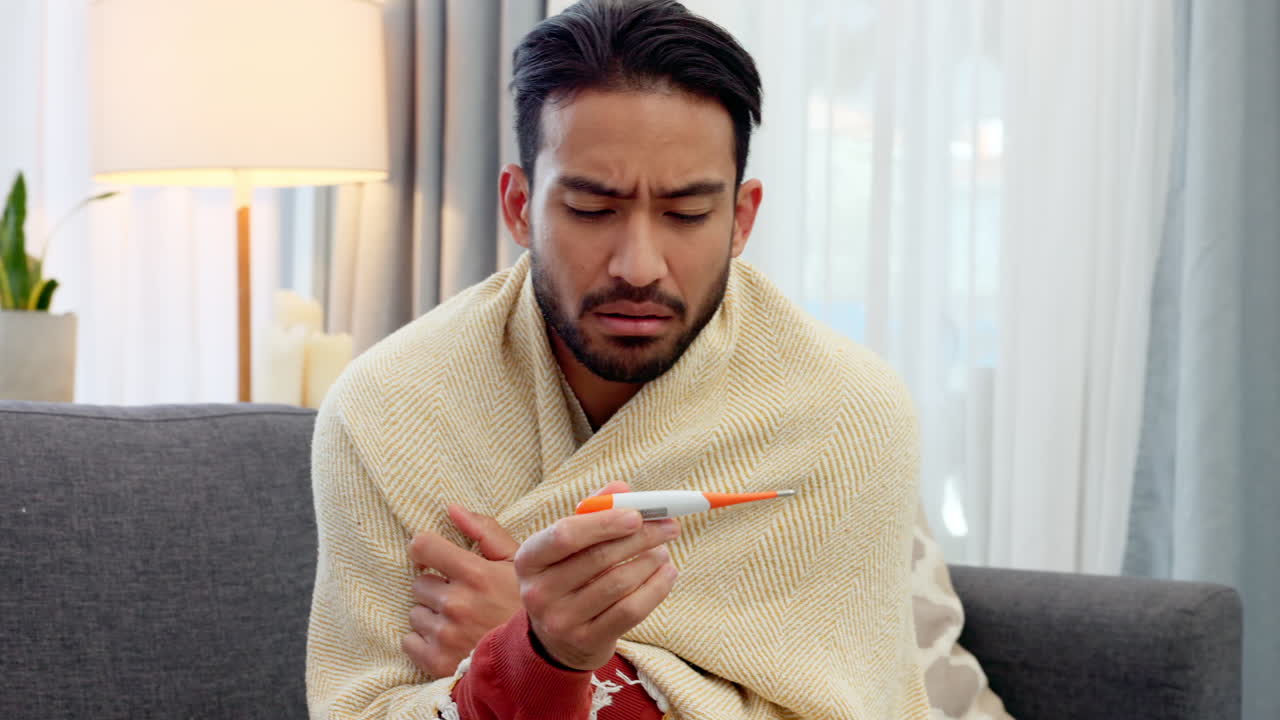 Sick, covid virus and thermometer with man waiting