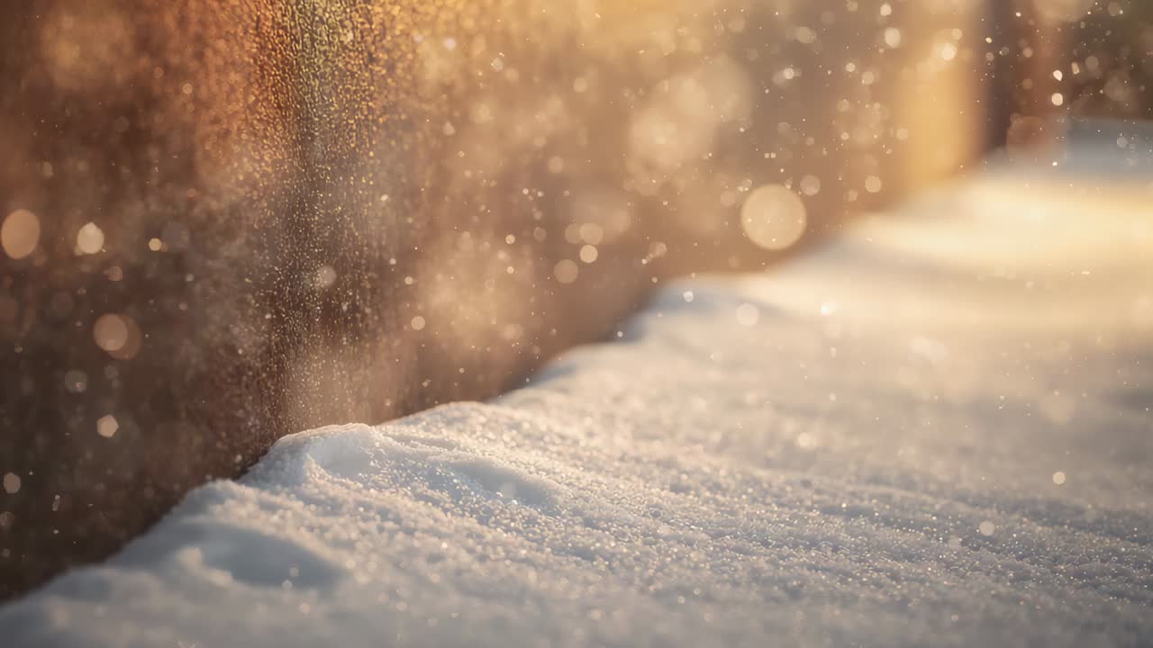 きらめく雪に覆われた棚が木の柵で朝日を浴びて、舞い落ちる雪の結晶を露わにしています。