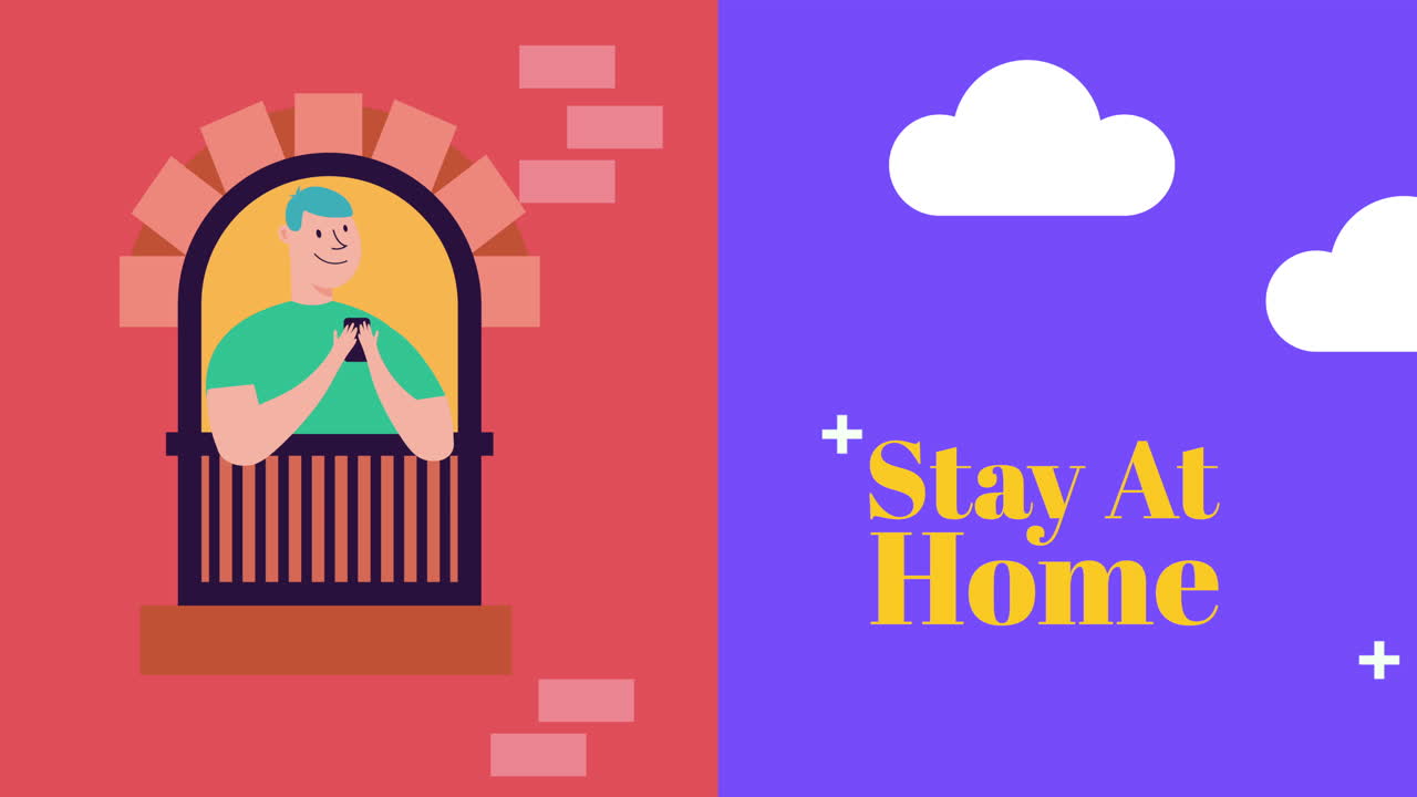 hombre usando teléfono inteligente en la ventana del apartamento campaña de quedarse en casa