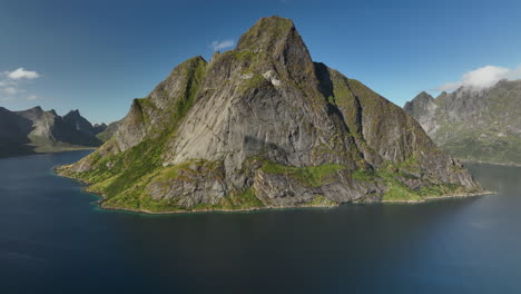 mountain view with clear blue skies in lofoten archipelago, norway