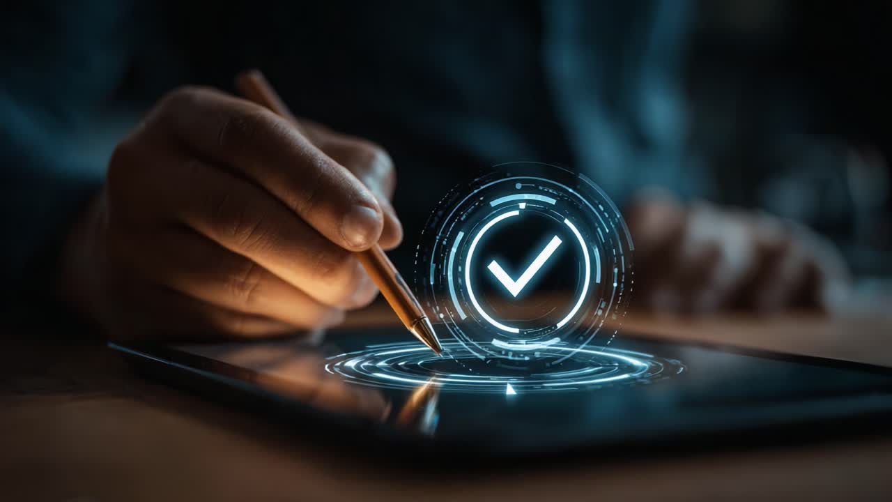 Innovative Digital Confirmation: A Close-Up of a Hand Using a Stylus on a Tablet to Confirm an Action with a Glowing Checkmark graphic, Illustrated in Soft Focus
