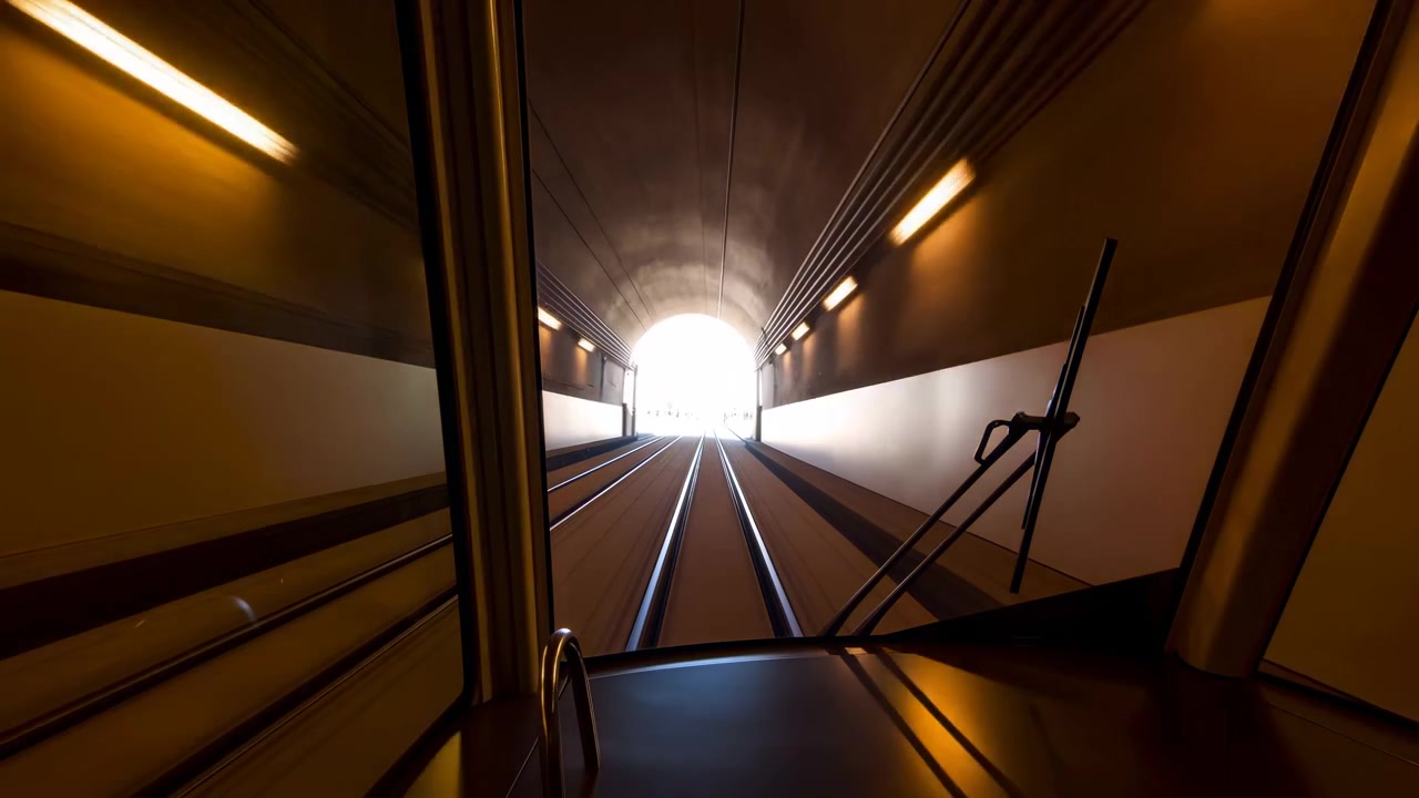 Centered view looks ahead along rail tracks inside a dim underground tunnel, with warm overhead lights, strong symmetry, motion blur, and a bright opening in