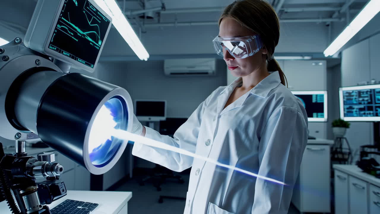 Scientist Working With Futuristic Laser Technology in a Research Lab