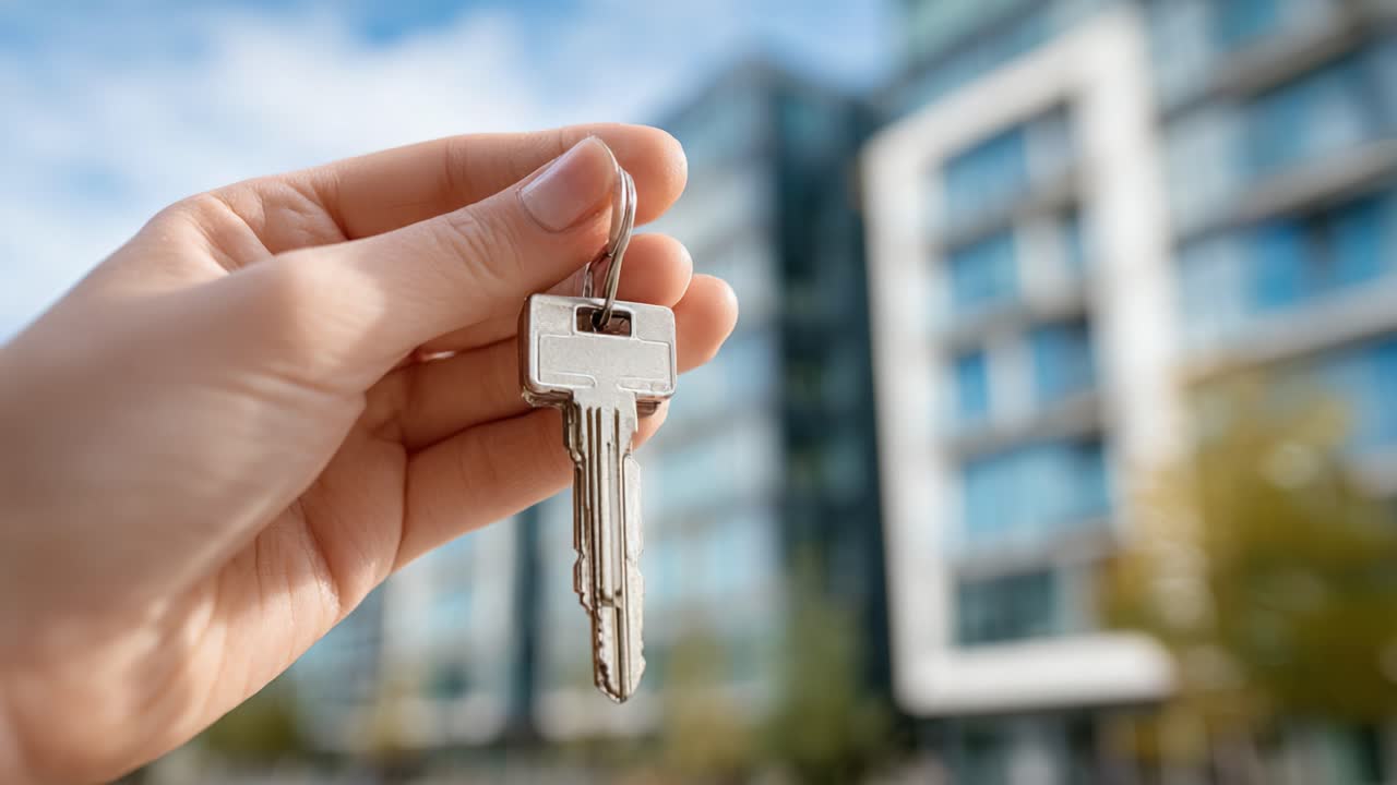 Una Mano Sosteniendo con Orgullo una Llave frente a un Edificio Moderno, Simbolizando la Propiedad de una Vivienda y la Emoción de Nuevos Comienzos en la Vida Residencial