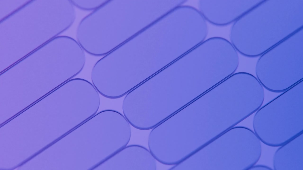 Close-up of repeating rounded rectangular forms arranged in a diagonal grid, illuminated by soft blue and purple light with a smooth glossy finish and a
