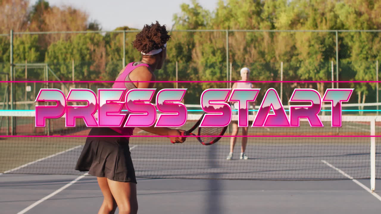 Tennis players facing off on court, showing neon digital PRESS START overlay for sports technology