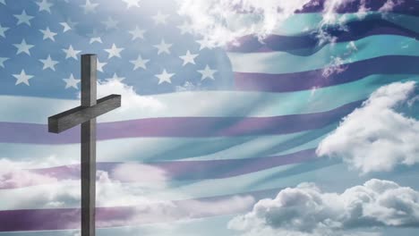 animation of christian cross and clouds over waving flag of usa