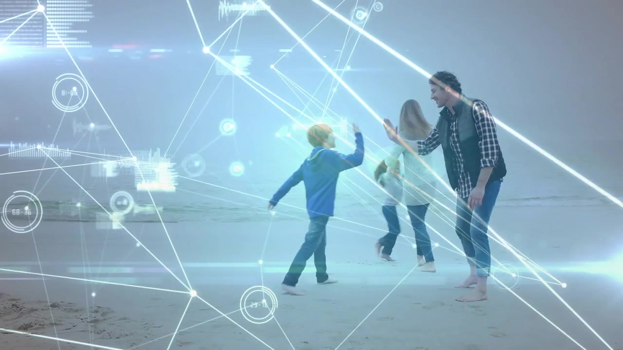 Family of four entering from right, running and bonding on misty beach with network HUD shifting