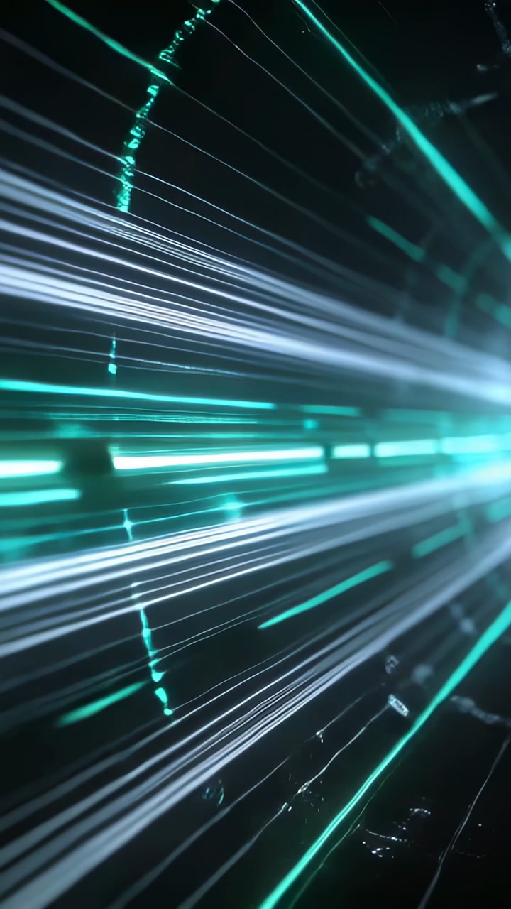 Vertical video: Light tunnel stretching on camera push, creating teal tech streaks centering glow