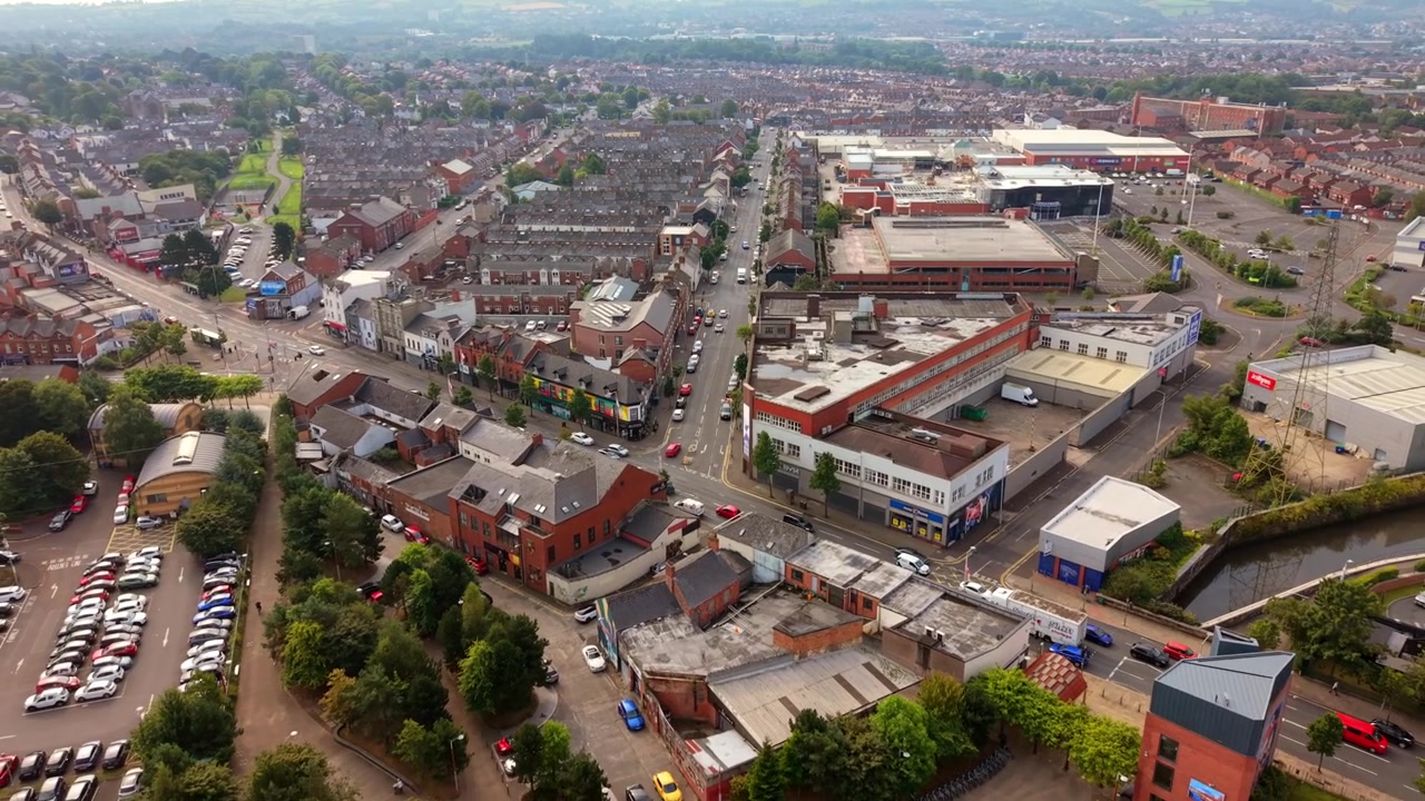 Overhead 4K 25FPS (slow motion aerial) video of the Newtownards Road and CS Lewis Square in East Belfast, Northern Ireland, UK. Produced in 3840x2160 with Rec709 colour.