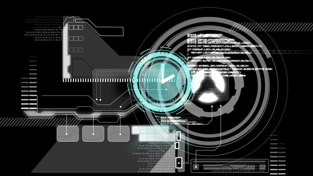 Animation of scope scanning with clock over data processing on black background