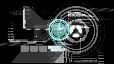 animation of scope scanning with clock over data processing on black background