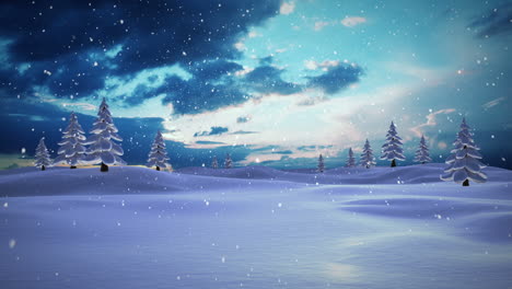 snow falling on fir tree forest at night