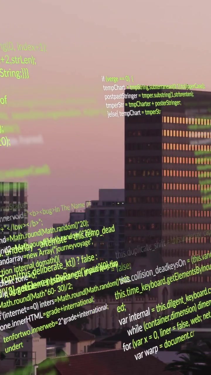 Animation of green code lines overlaying cityscape, showcasing digital technology theme