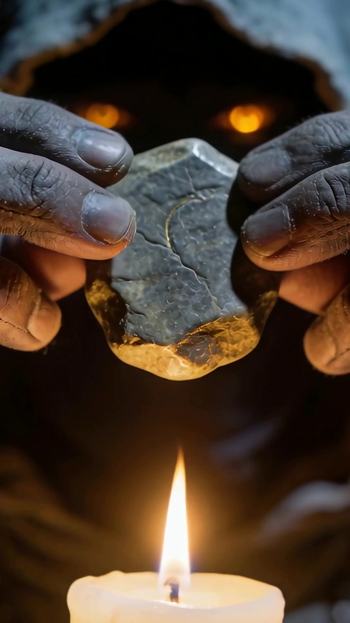 Vertical video: Raising carved stone above candle, cloaked figure aligning crescent to catch light