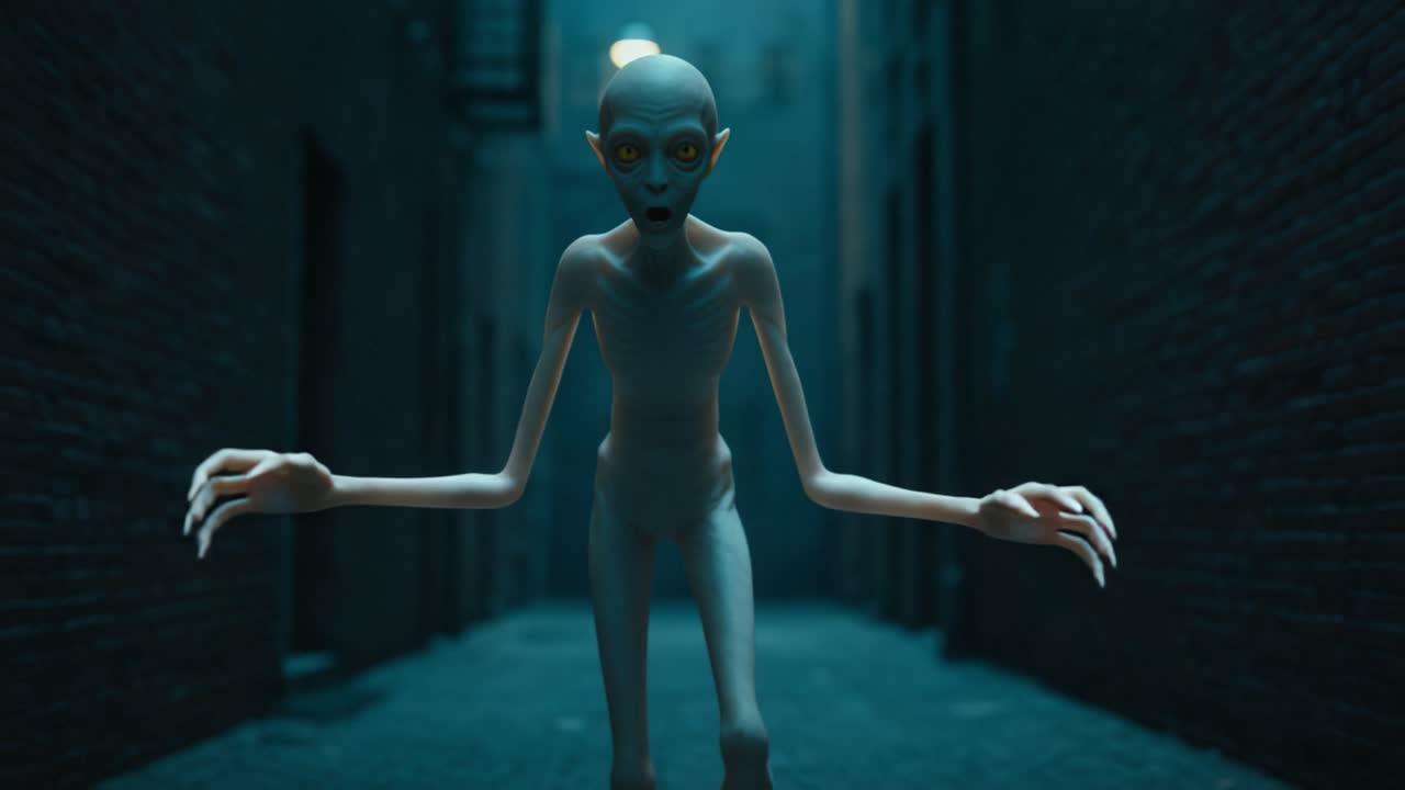 Unearthly Encounter: A Tall, Emaciated Figure Stands in a Shadowy Alley, Emanating an Ominous Presence While Staring Intensely with Unnaturally Large Eyes in a Mysterious Setting