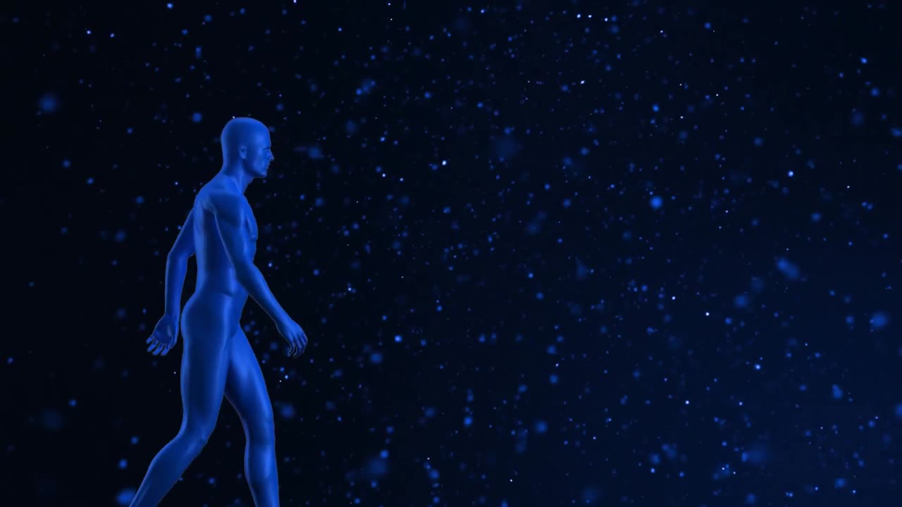 animación de un modelo humano azul caminando sobre manchas azules sobre un fondo azul