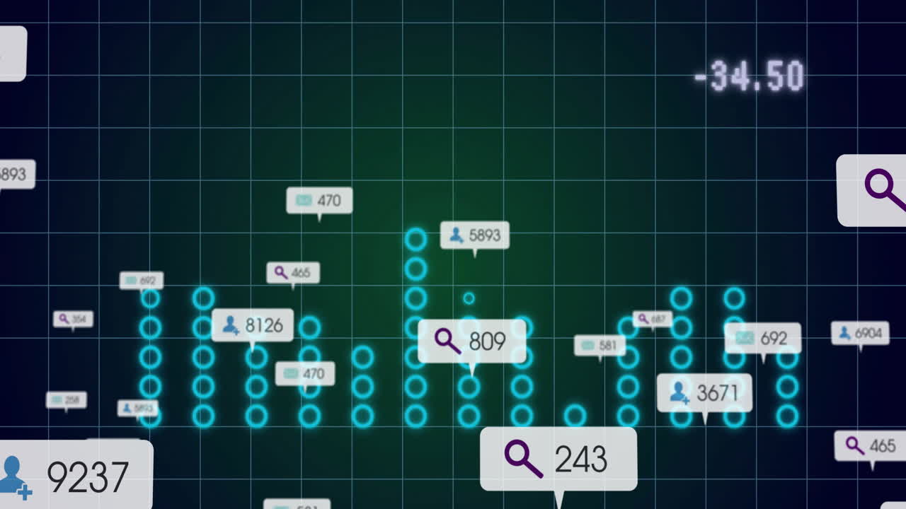 Glowing blue circle columns being animated over dark grid, floating popups showing metric icons