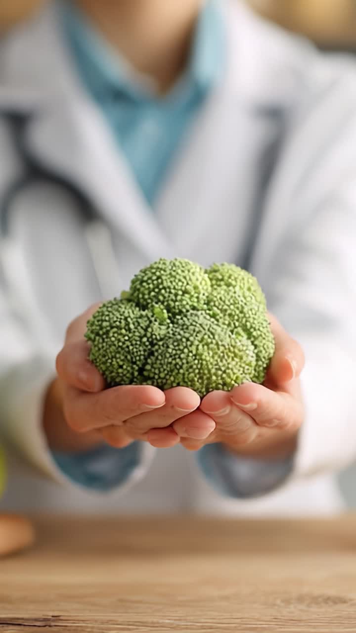 Un professionista sanitario mostra un broccolo fresco, sottolineando l'importanza della nutrizione e di un'alimentazione sana per un benessere ottimale e scelte di stile di vita corrette