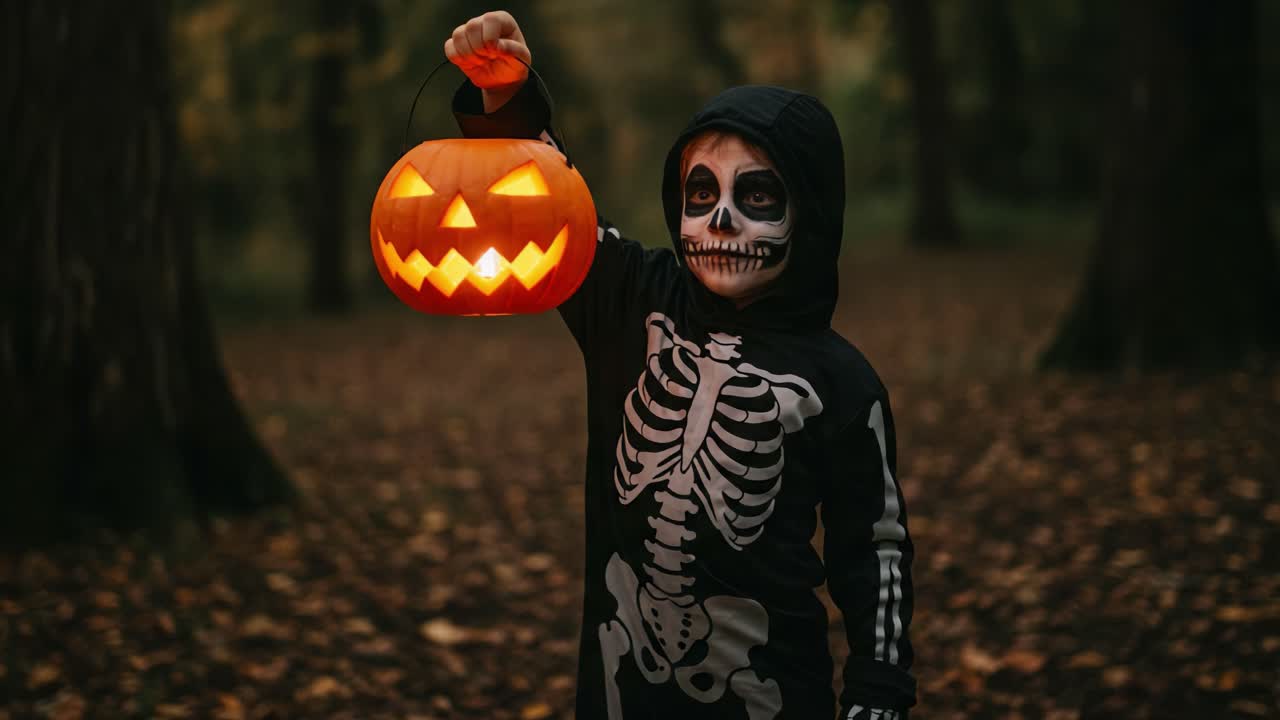 A Young Skeleton Dressed Child Bravely Holds a Glowing Jack-O'-Lantern in a Forest During Halloween Festivities, Surrounded by Autumn Leaves and Mysterious Shadows