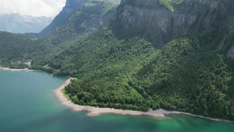 Vista-Aérea-Cinematográfica-De-Exuberantes-Bosques-Verdes-Que-Cubren-La-Montaña-Suiza,-Lago