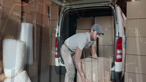 Animation of statistics processing over delivery man with cardboard boxes