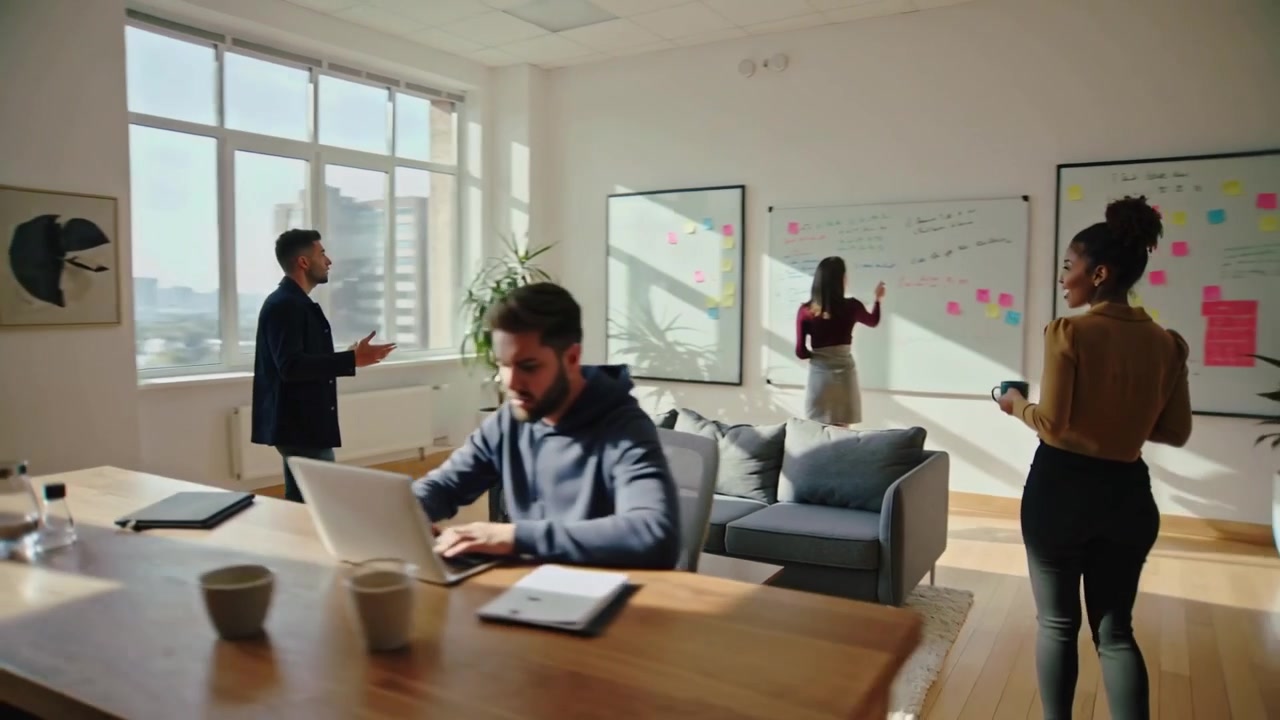 Starting man in blazer leading planning meeting in loft, woman writing on whiteboard with notes