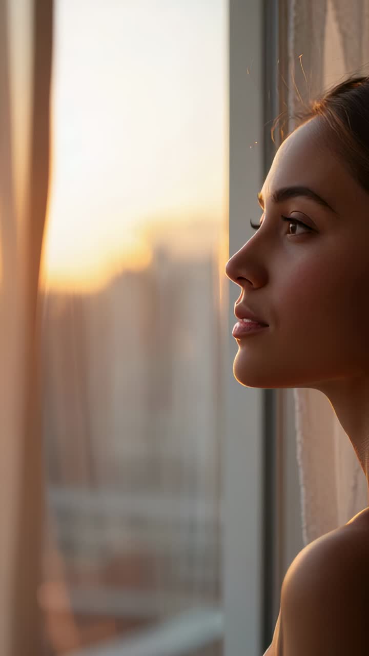 Vertical video: Gazing woman closing eyes at window as sunset light touching bare skin, copy space