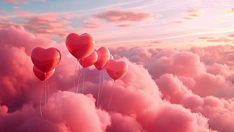 heart balloons floating in pink clouds at sunset