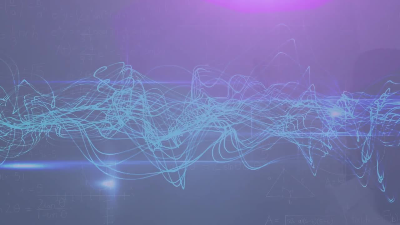 Animation of blue wavy lines and blue light spot against purple background