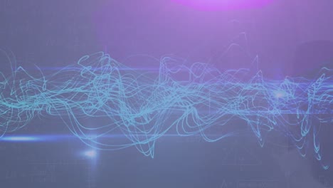 Animation-of-blue-wavy-lines-and-blue-light-spot-against-purple-background