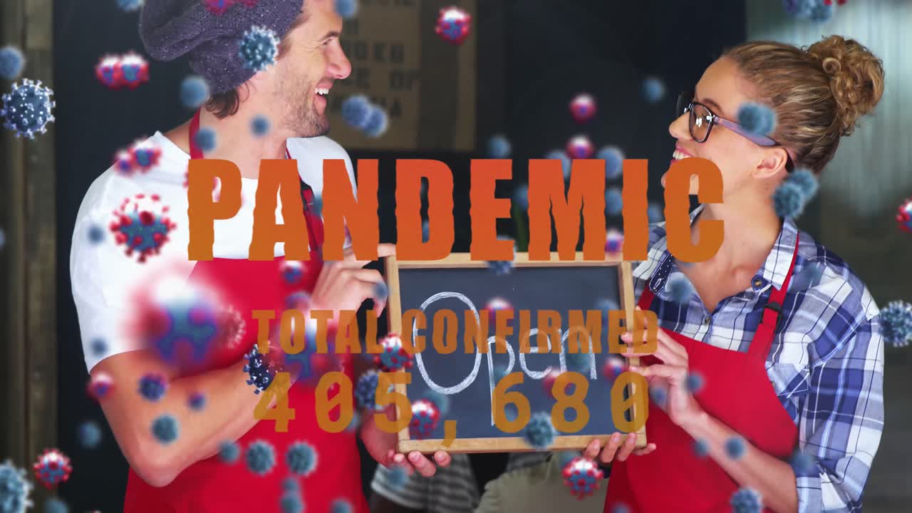 행복한 백인 남녀 요리사 위에 떠다니는 거대한 코로나19 세포의 애니메이션