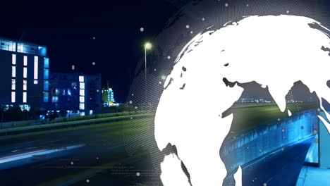 Animation-of-white-sots-and-spinning-globe-against-time-lapse-of-night-city-traffic