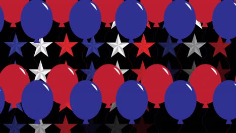 animation of red and blue stars and balloons on black background