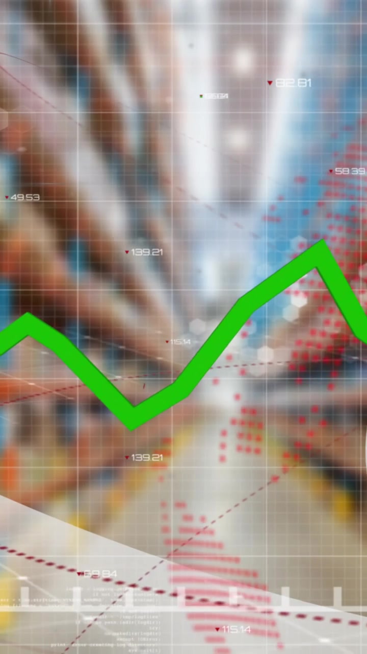 Animation of financial data processing over globe and warehouse