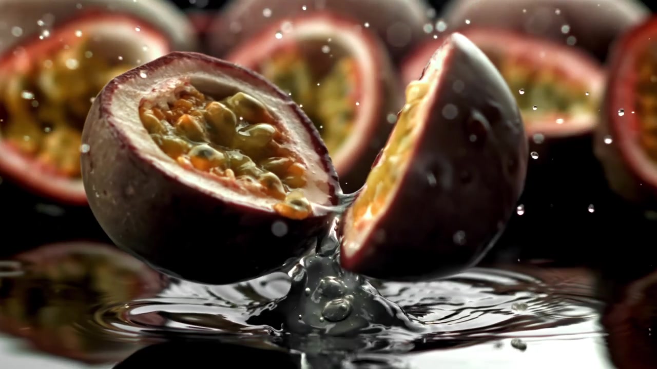 Slowmotion af frisk passionsfrugt, der deler sig i vand