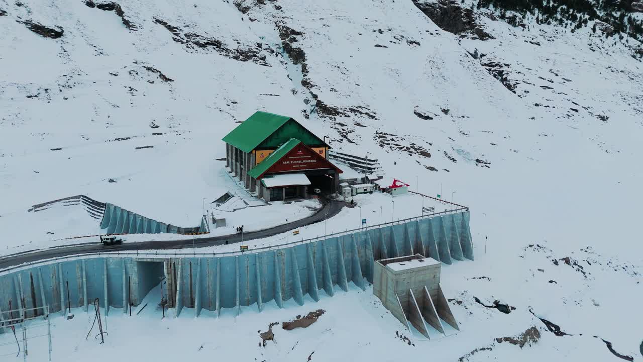 cinematic drone shot of Atal tunnel in winters.