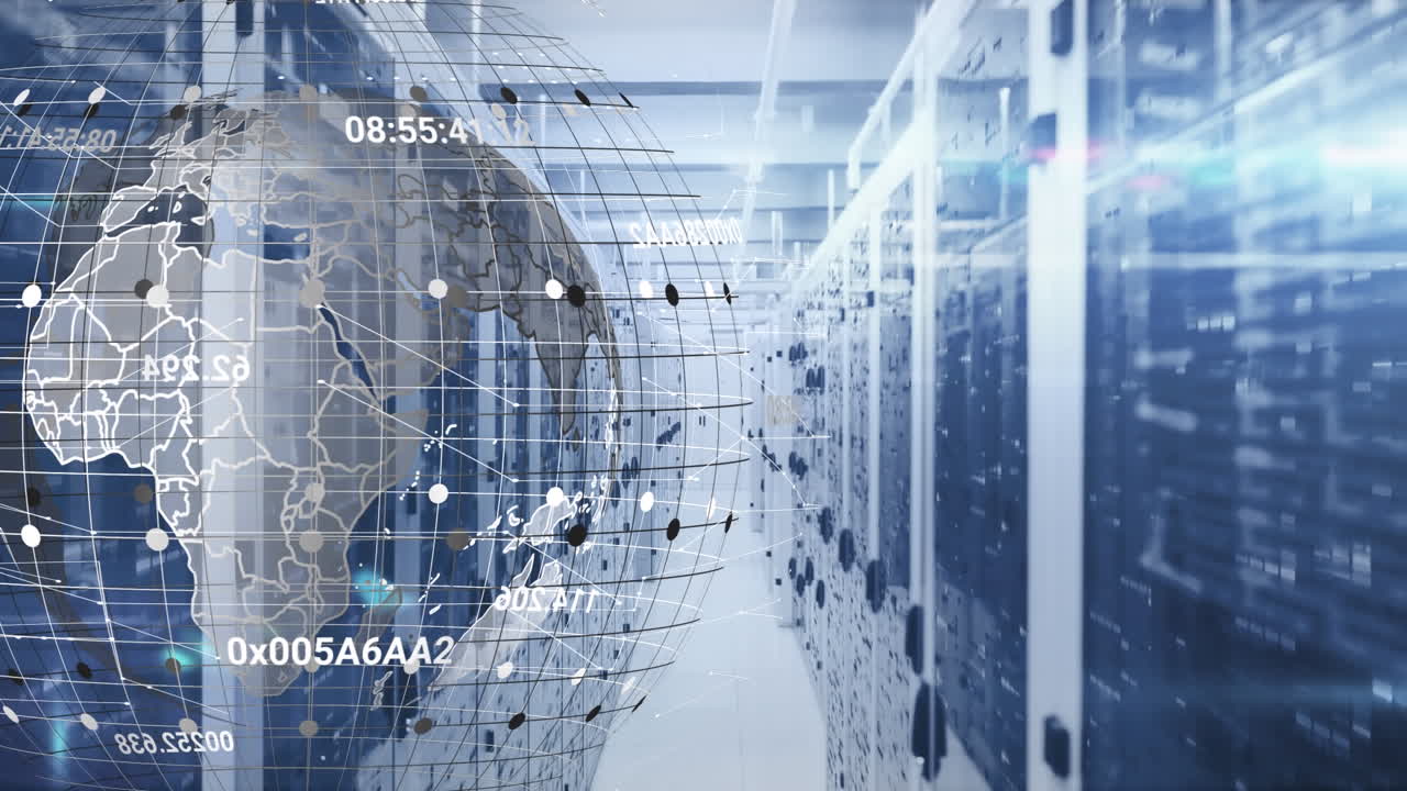 Animation of spinning globe, light spot and mosaic squares against computer server room