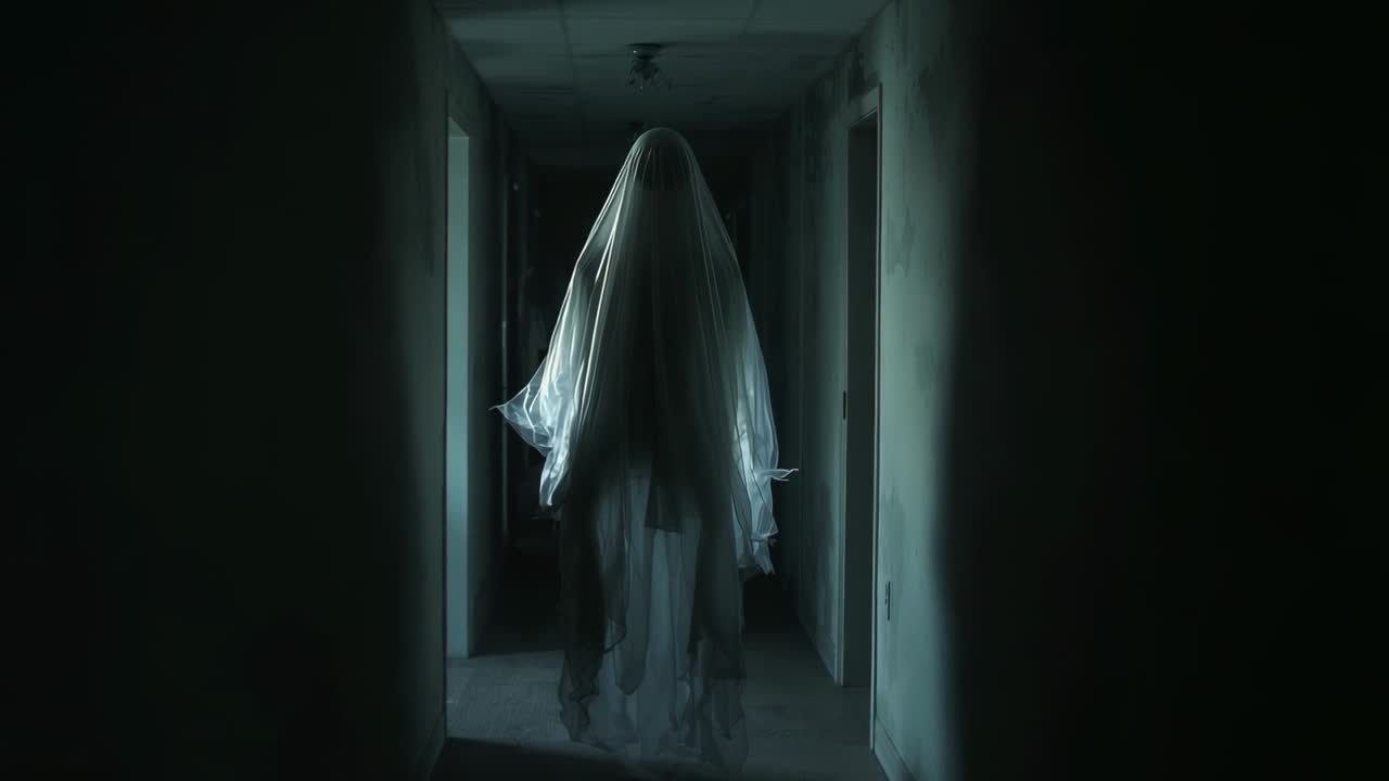 Glowing patch drawing ghostlike figure drifting through corridor, with veil, robes, fixtures