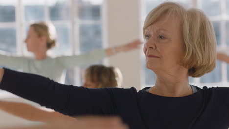 Retrato-De-Clase-De-Yoga-Hermosa-Anciana-Ejerciendo-Un-Estilo-De-Vida-Saludable-Practicando-Pose-De-Guerrero-Disfrutando-De-Un-Entrenamiento-Físico-En-Grupo-En-El-Estudio