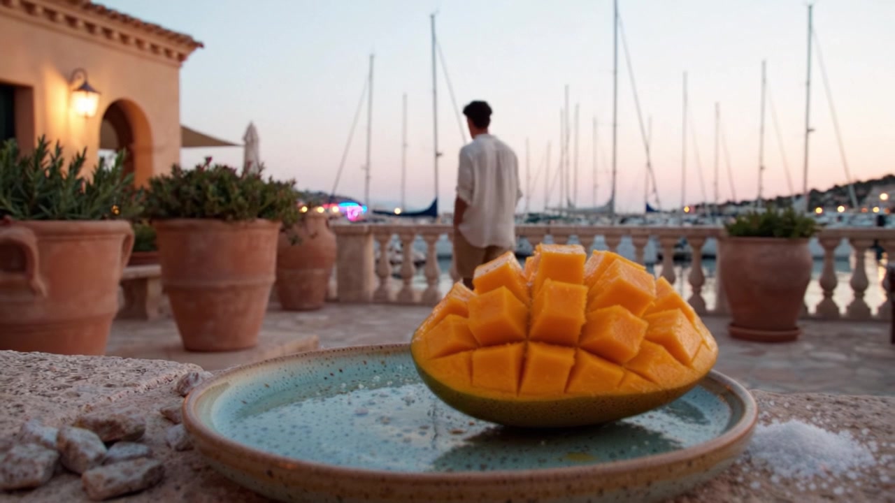 Una deliziosa presentazione di mango in una serena marina al tramonto con yacht sullo sfondo e un invitante bagliore caldo da luci vicine e uno splendido scenario.