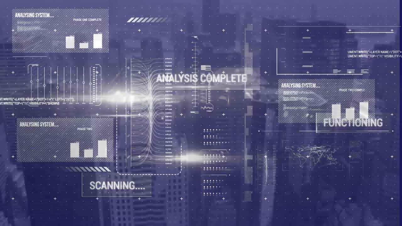 Animation of data processing and light trails over cityscape
